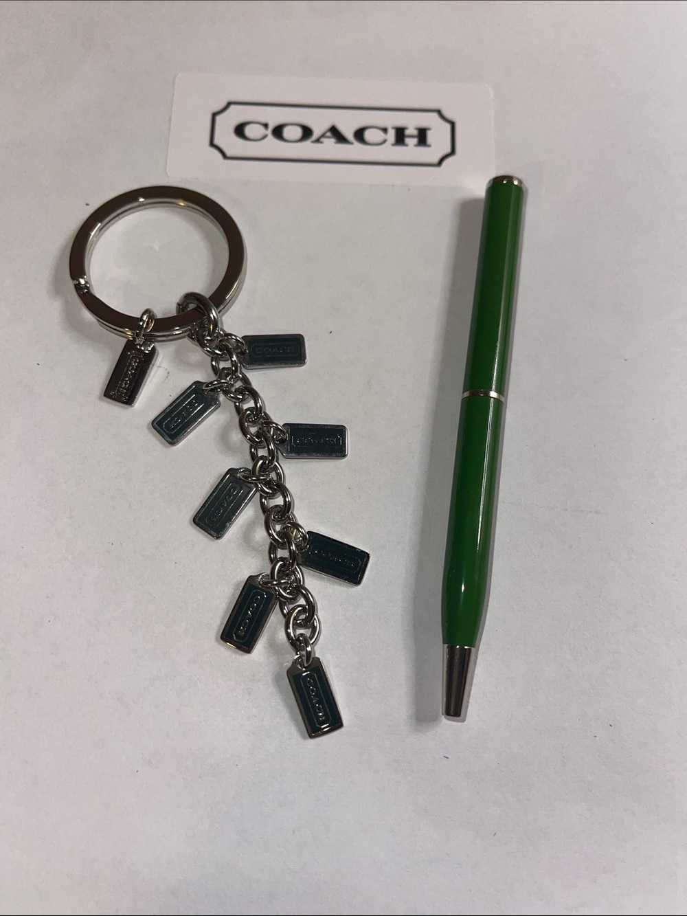 Coach Silver-Tone Keyring with Dark Green Enamel Tags and Green Coach Pen